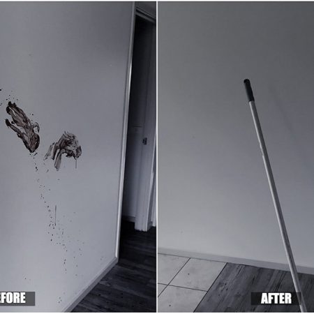 Before and after picture of bloodstain on wall